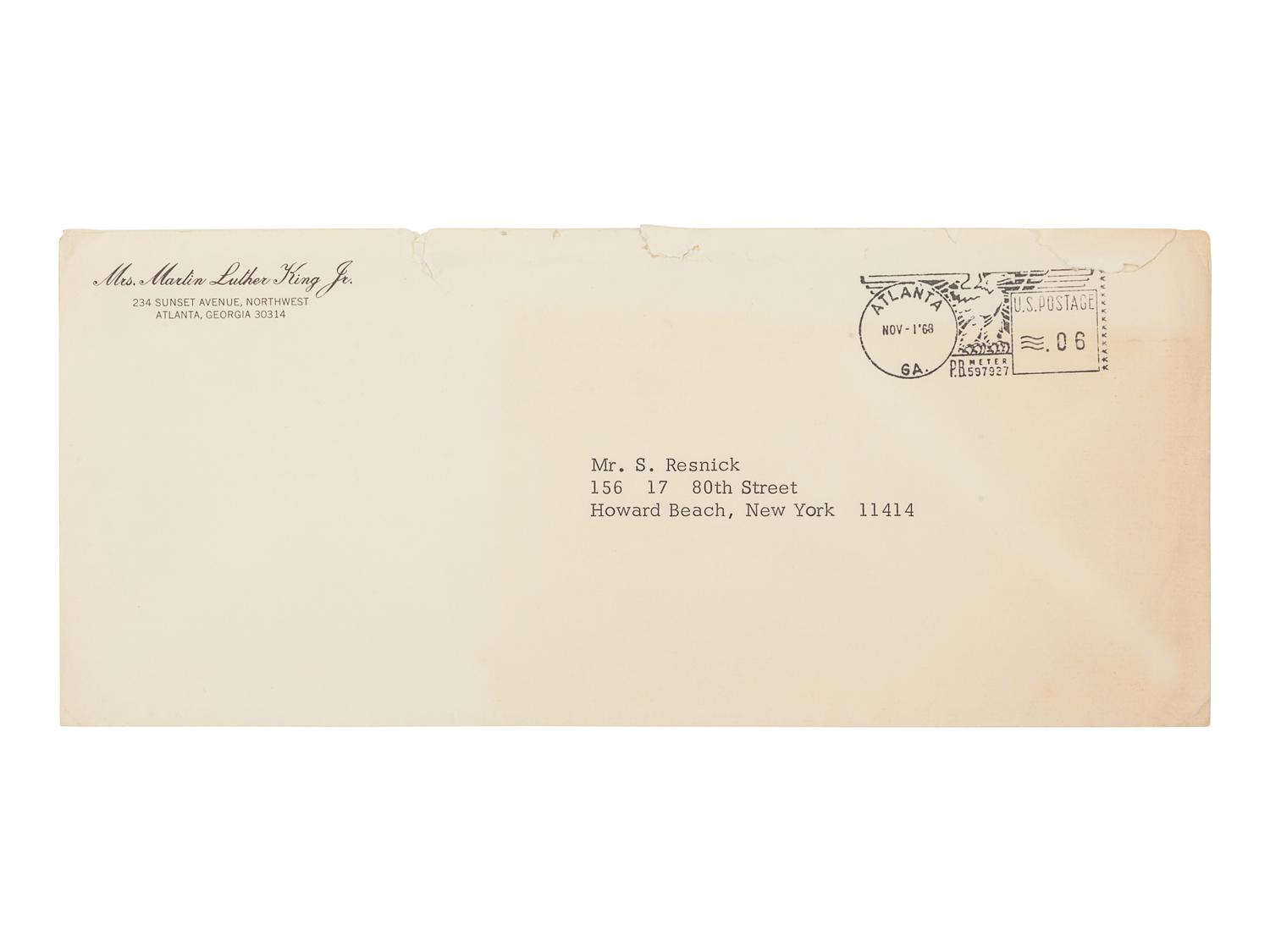 KING, Coretta Scott (1927-2006). Typed letter signed (“Coretta Scott King”) to Mr. S. Resnick. Atlanta, 31 October 1968. 1 page, 8vo, on Mrs. Martin Luther King Jr. letterhead .