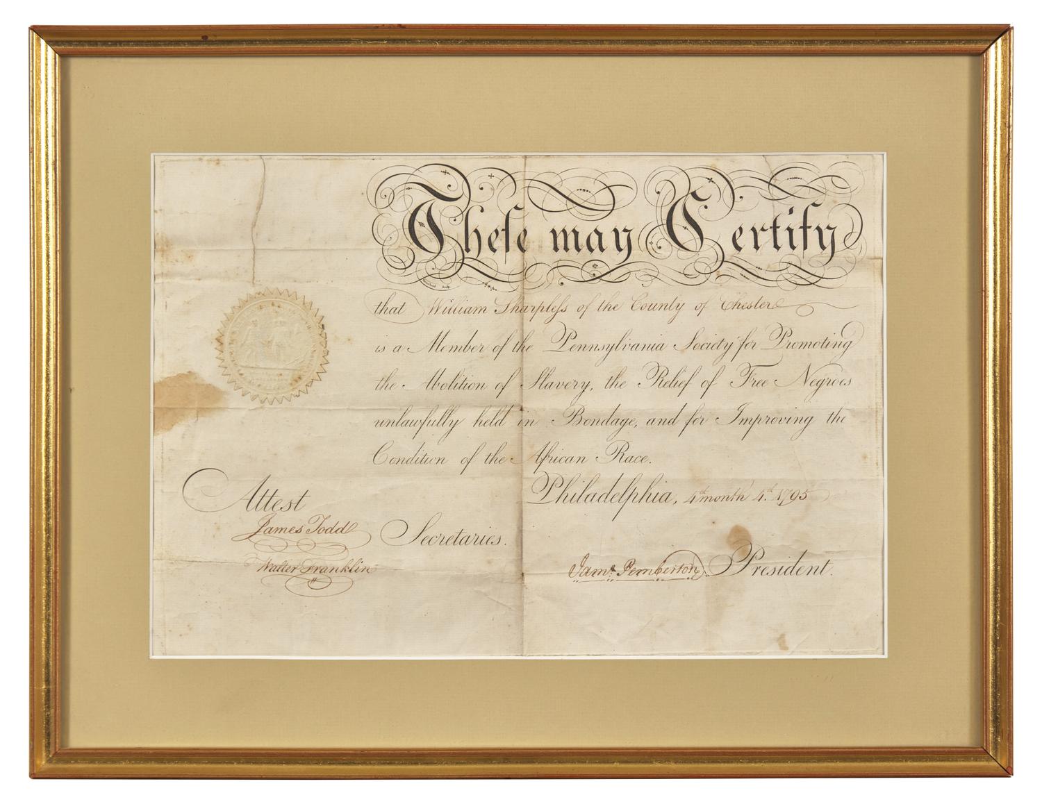 [African-Americana] Pemberton, James. Membership Certificate for the Pennsylvania Society for Promoting the Abolition of Slavery
