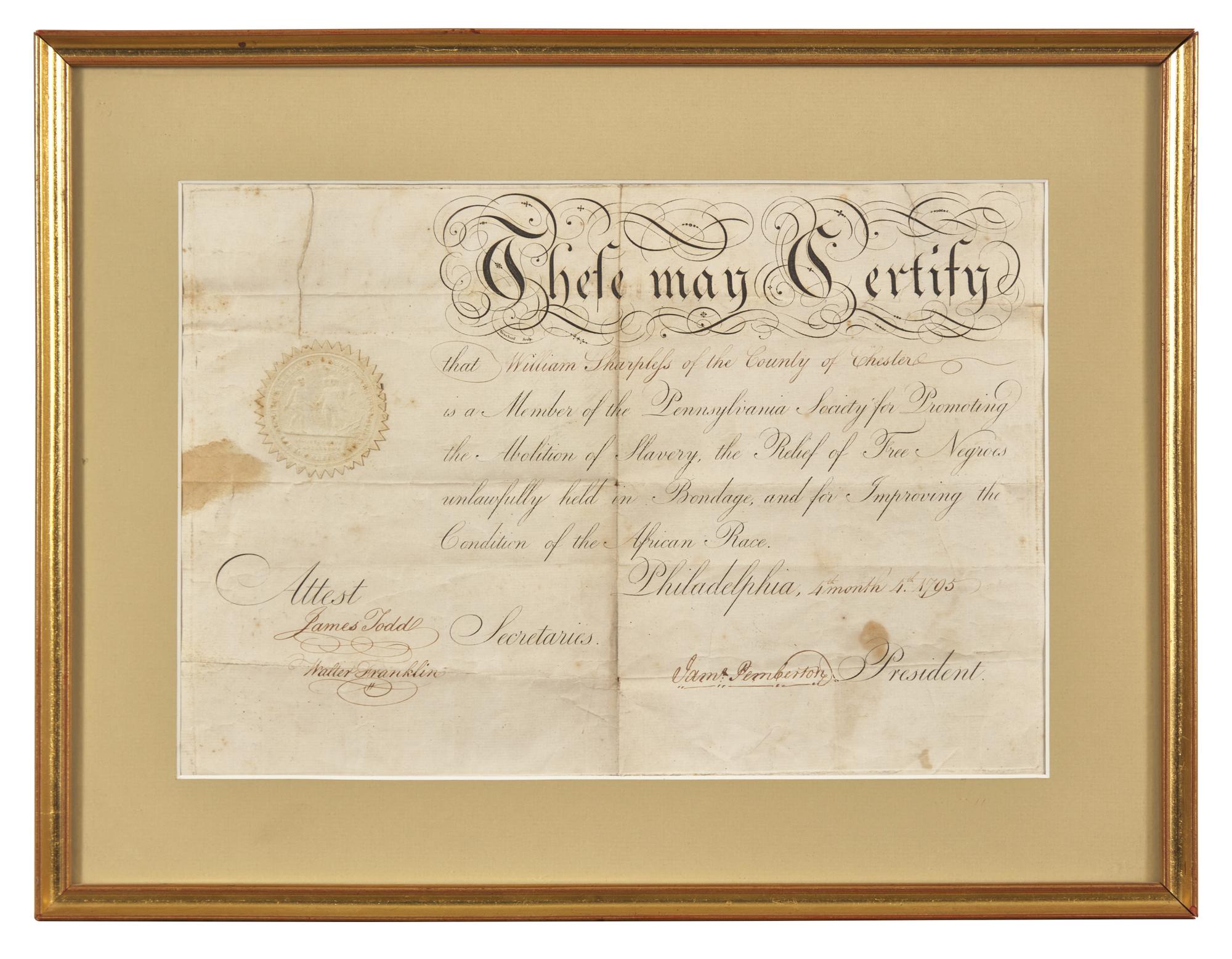 [African-Americana] Pemberton, James. Membership Certificate for the Pennsylvania Society for Promoting the Abolition of Slavery