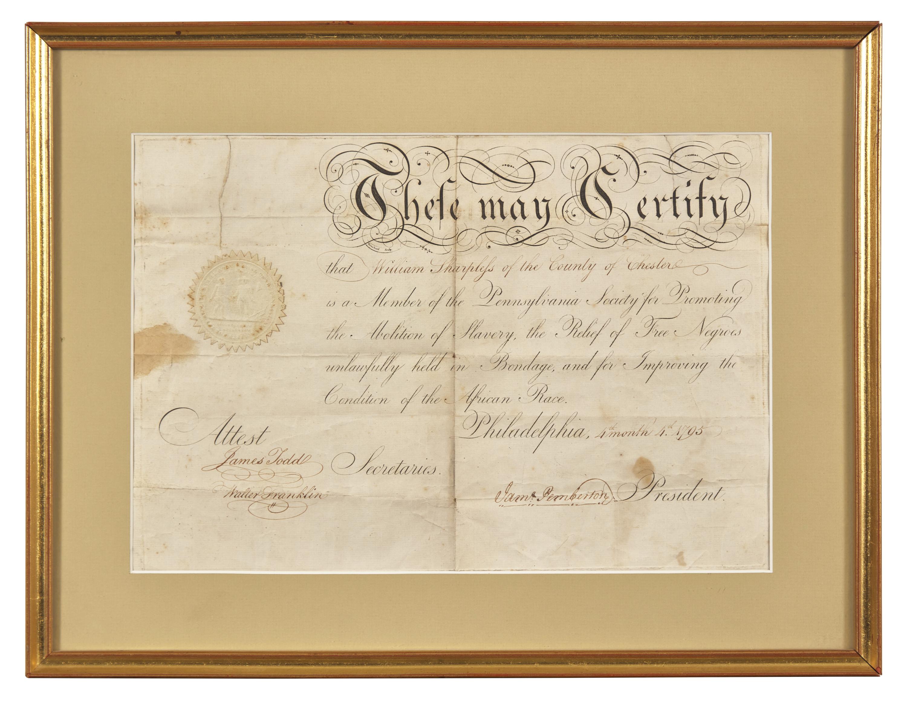 [African-Americana] Pemberton, James. Membership Certificate for the Pennsylvania Society for Promoting the Abolition of Slavery