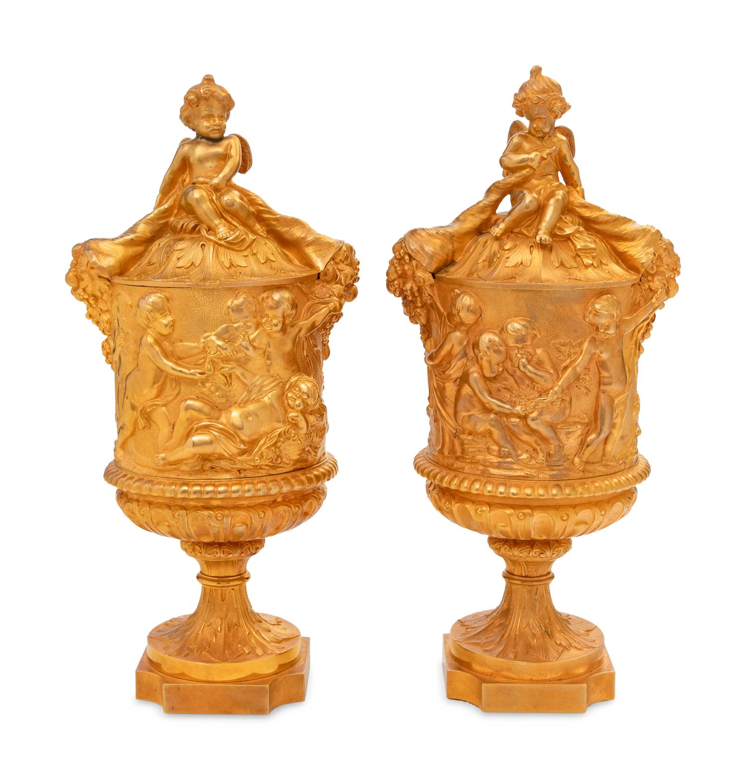 A Pair of Louis XV Style Gilt Bronze Covered Cache Pots