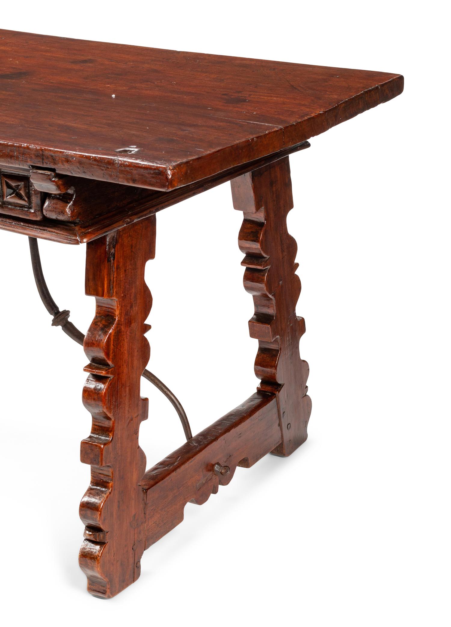 A Spanish Iron Mounted Walnut Trestle Table