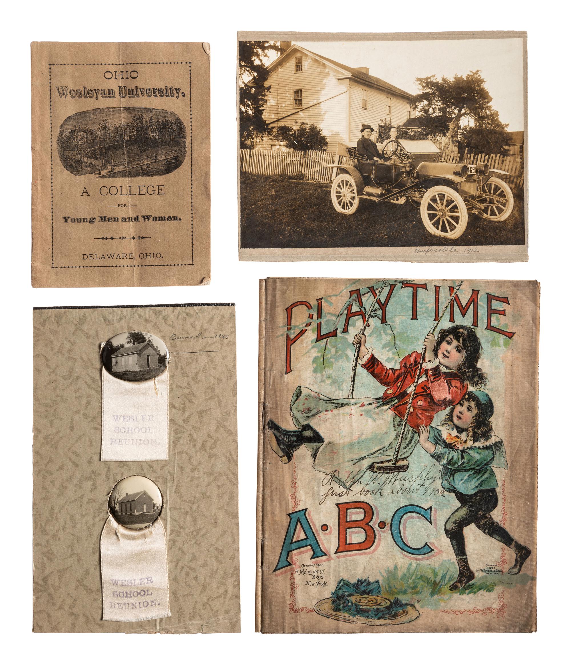 [MISCELLANEOUS PHOTOS AND DOCUMENTS] Lot of 19, including early automobiles, 19th century college catalog, map of Chicago dated Oct. 11, 1871, and more.