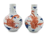 A Pair of Chinese Iron Red Decorated and Underglaze Blue Porcelain Bottle Vases