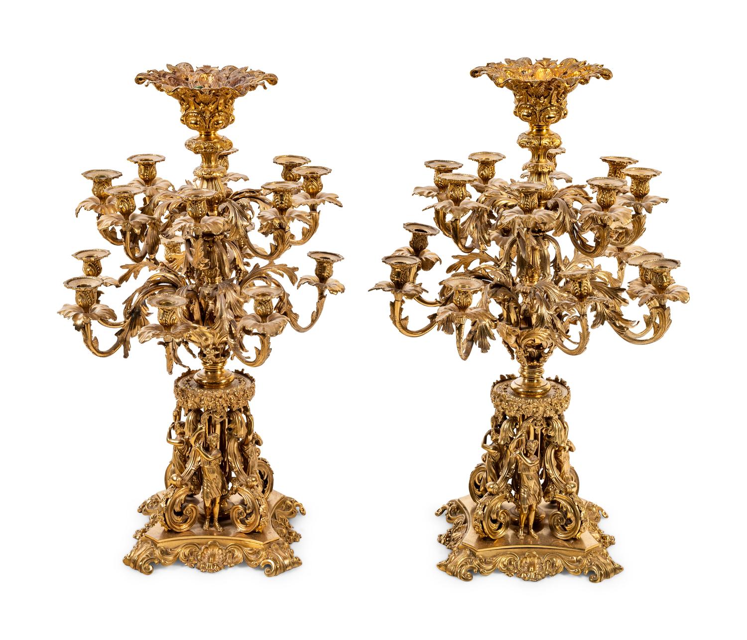 A Pair of Continental Gilt Metal Sixteen-Light Candelabra