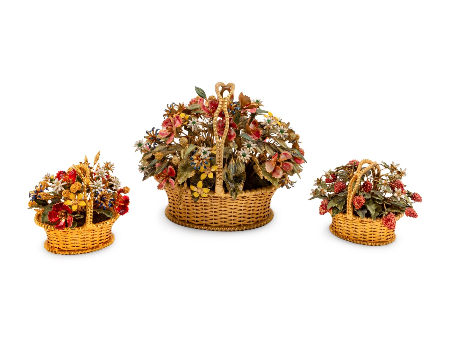 Three Gilt Metal and Enamel Flower-and-Basket Ornaments
