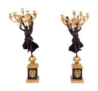 A Pair of Empire Style Gilt and Patinated Cast Metal Seven-Light Torchères