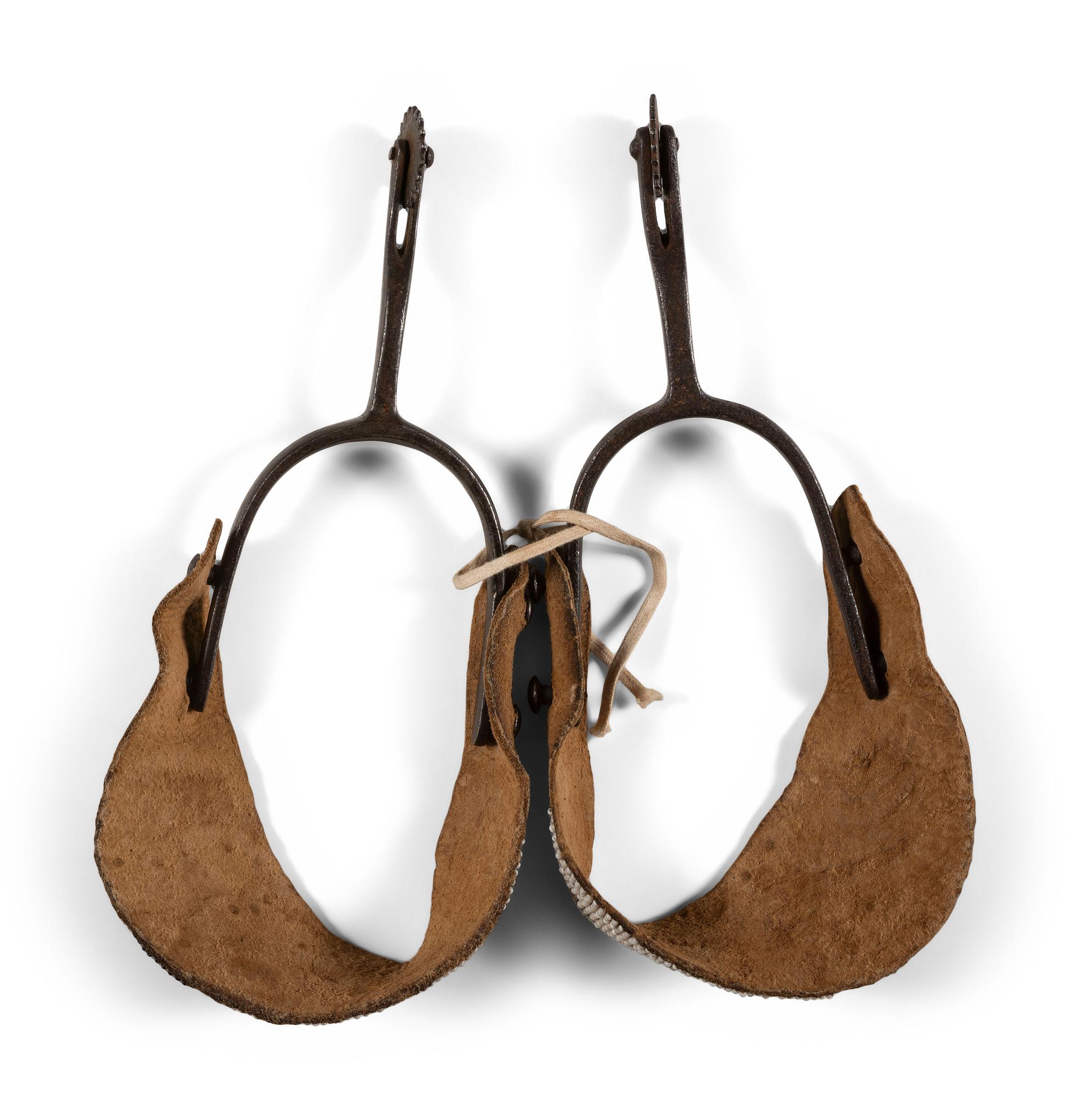 Double-Button Long Shank Iron Spurs, with Sioux Beaded Straps