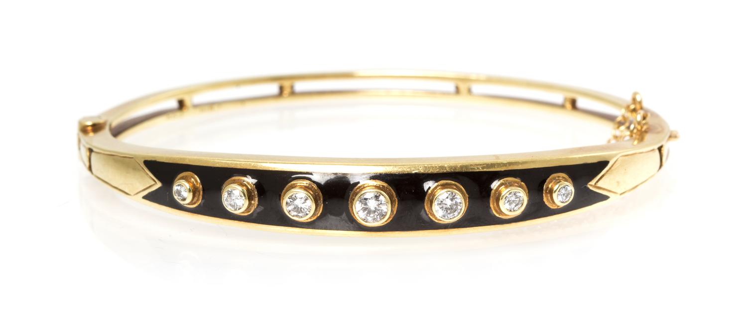A 14 Karat Yellow Gold, Diamond and Enamel Bangle Bracelet, 10.80 dwts.