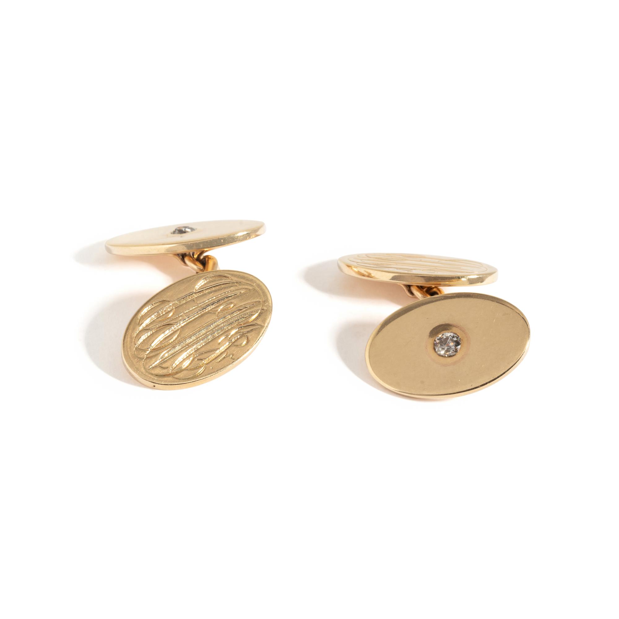 YELLOW GOLD AND DIAMOND MONOGRAM CUFFLINKS