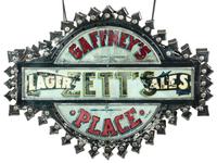A Zett's Lager and Ales Reverse Painted Glass and Pressed Metal Double-Sided Lighted Bar Sign