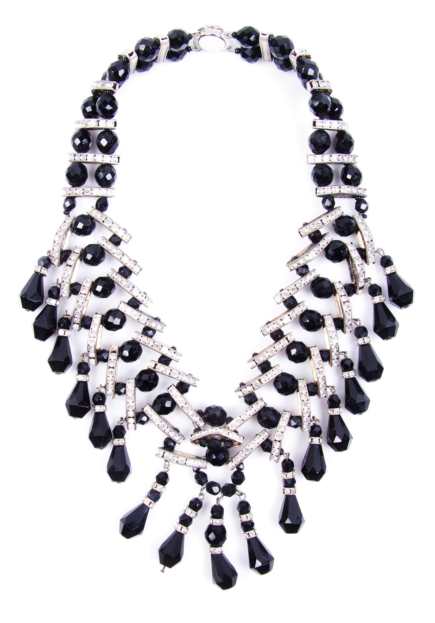 A Vintage Jet Black and Clear Rhinestone Beaded Fringe Necklace.