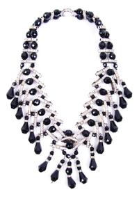 A Vintage Jet Black and Clear Rhinestone Beaded Fringe Necklace.