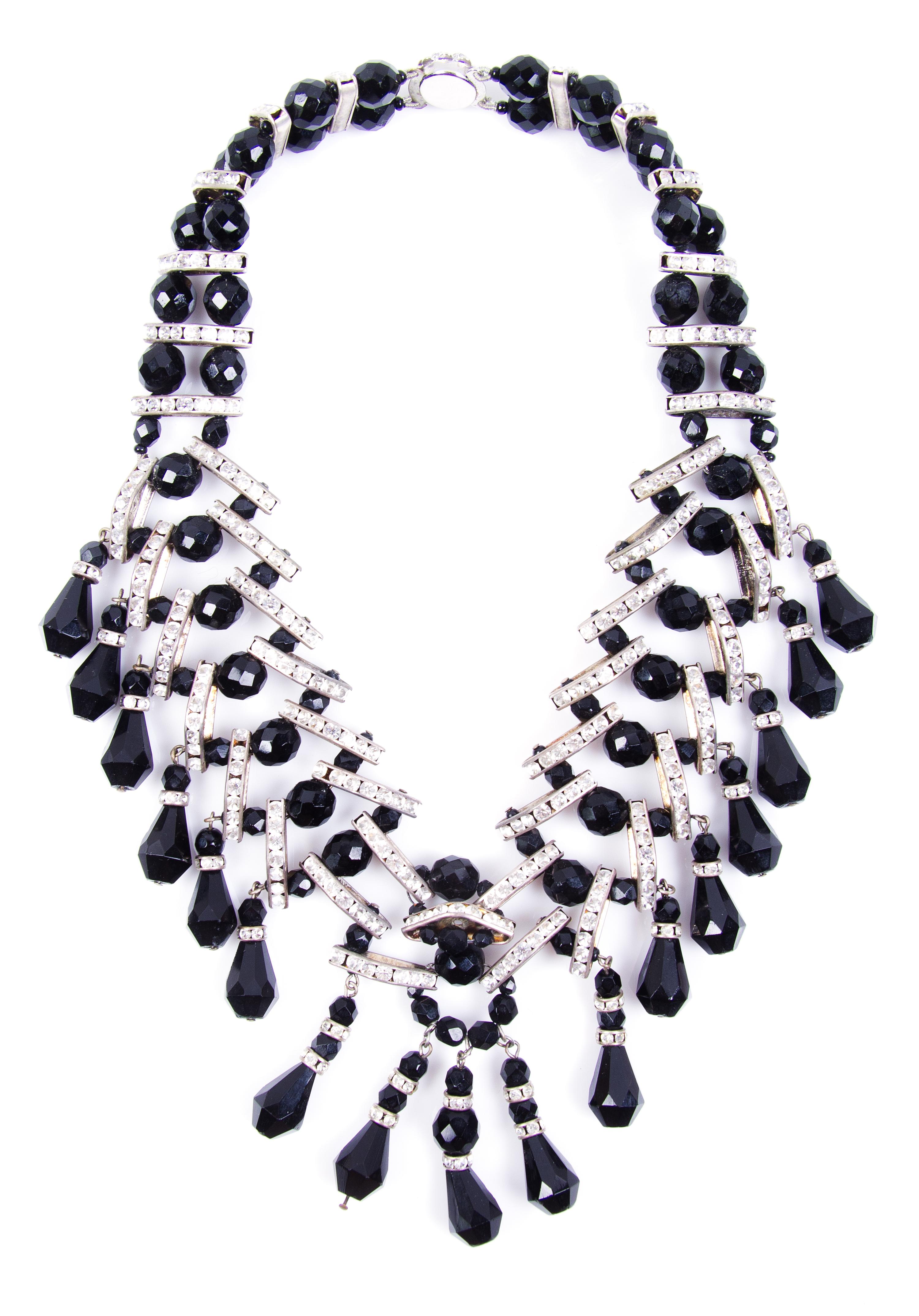 A Vintage Jet Black and Clear Rhinestone Beaded Fringe Necklace.