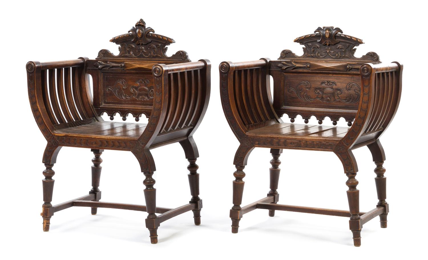 A Pair of Italian Walnut Savonarola Chairs Height 36 inches. — 19TH CENTURY