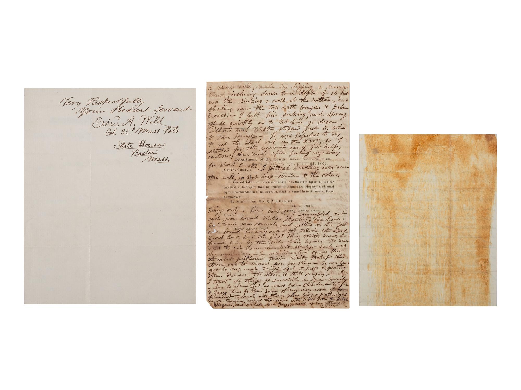 [CIVIL WAR]. WILD, Edward Augustus (1825-1891). Collection of items related to abolitionist, recruiter, and commander of "Wild's African Brigade," incl. wartime CDV and letter referencing the attack on Fort Wagner.