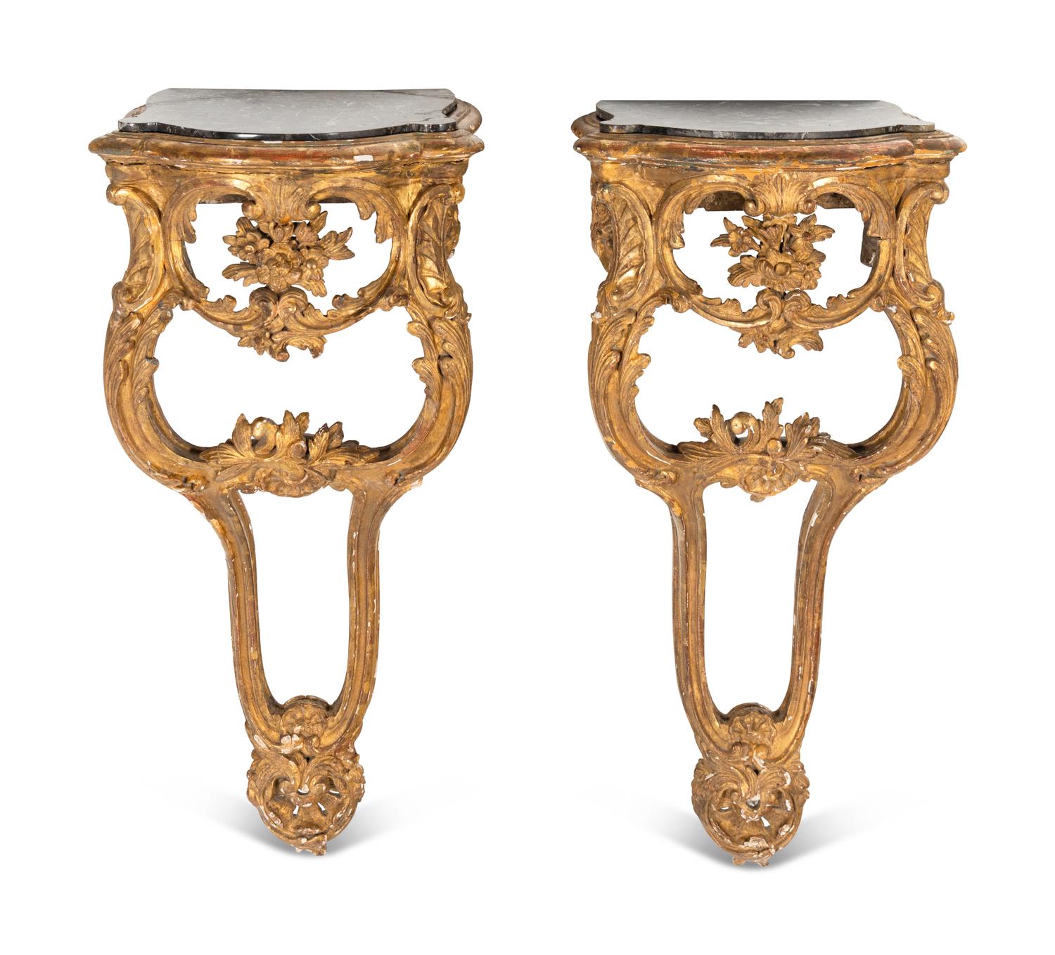 A Pair of Louis XV Style Giltwood Marble-Top Console Tables