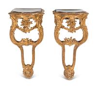 A Pair of Louis XV Style Giltwood Marble-Top Console Tables