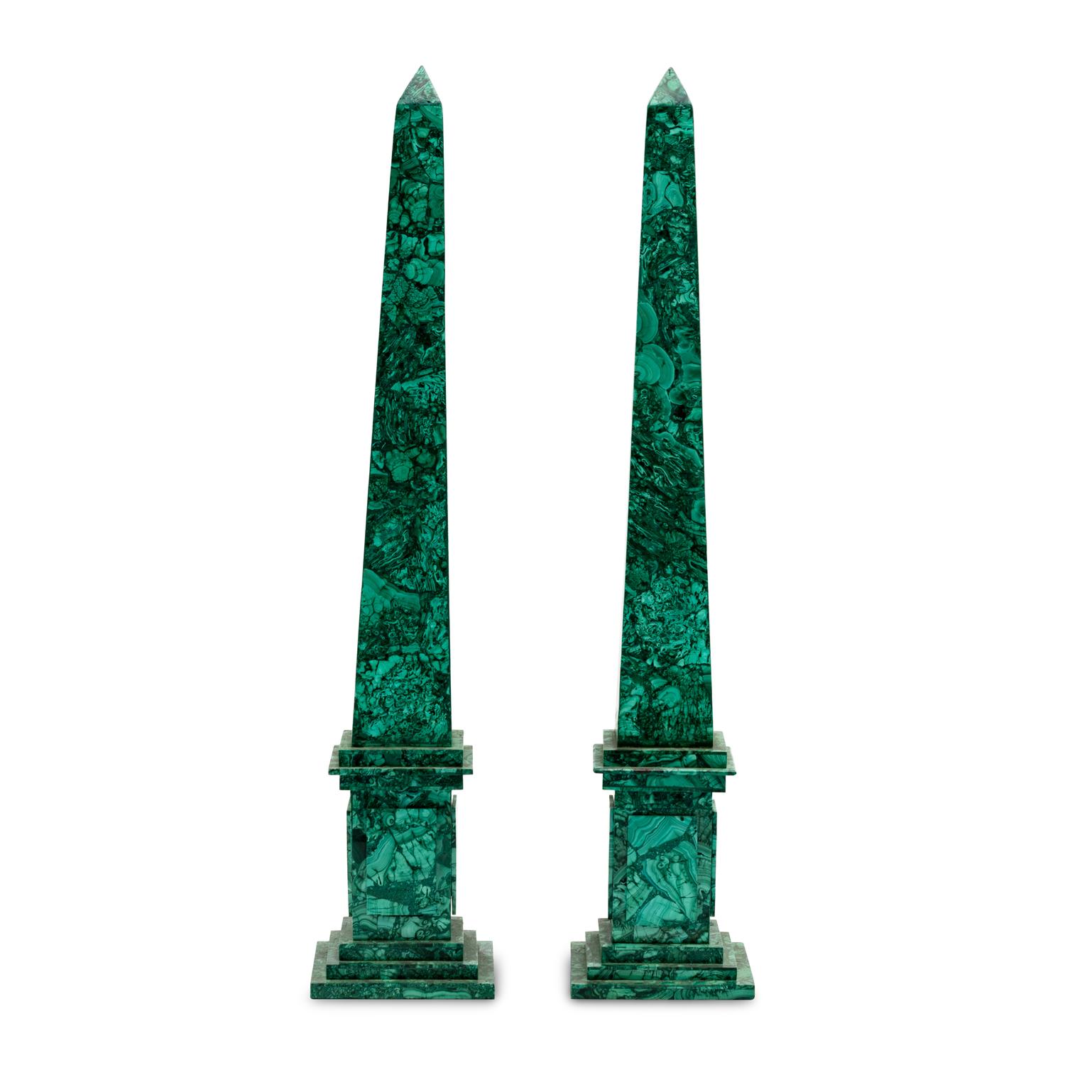 A Pair of Malachite Veneered Obelisks