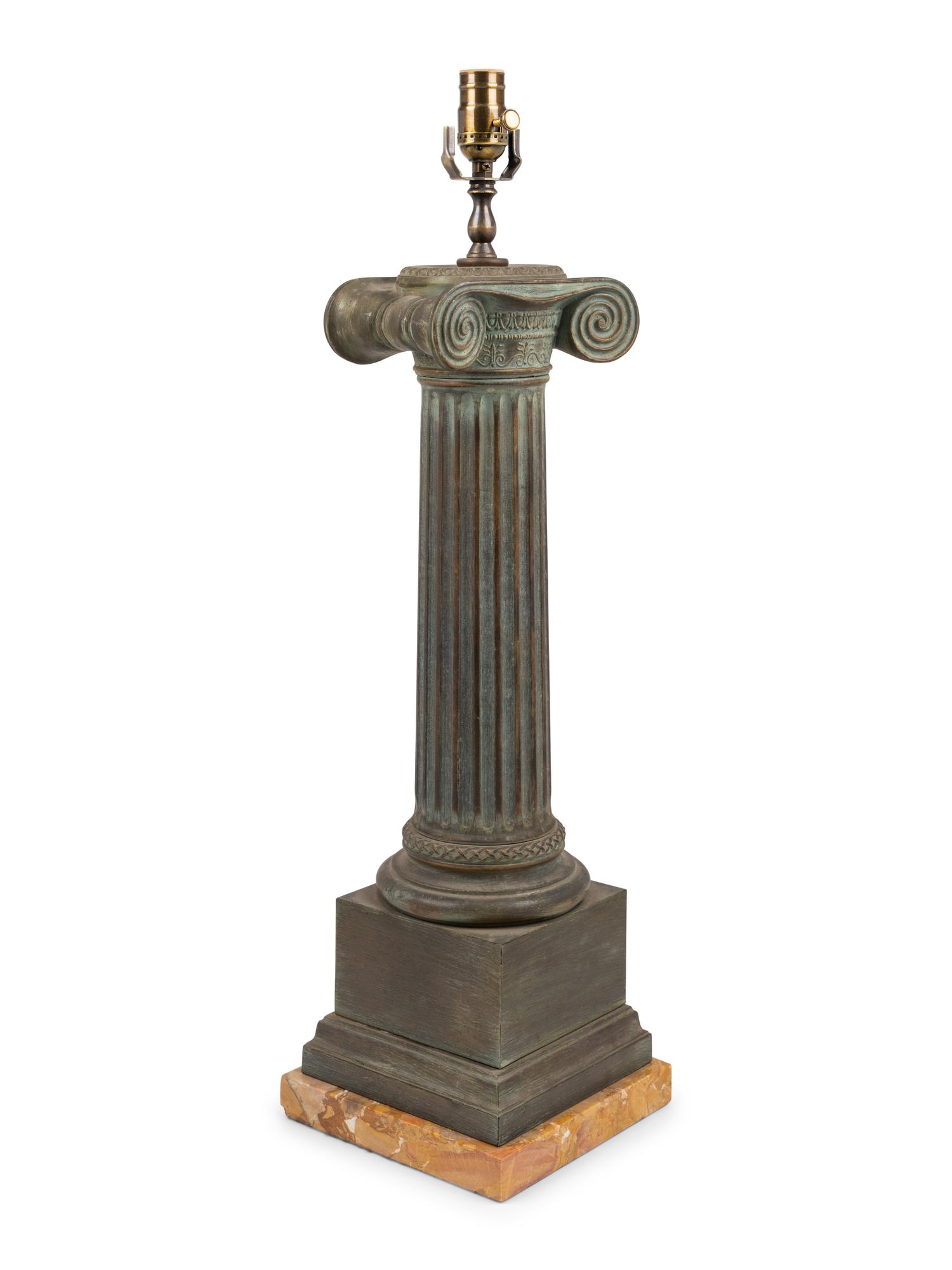 A Patinated Cast Metal and Marble "Ionic Column" Table Lamp