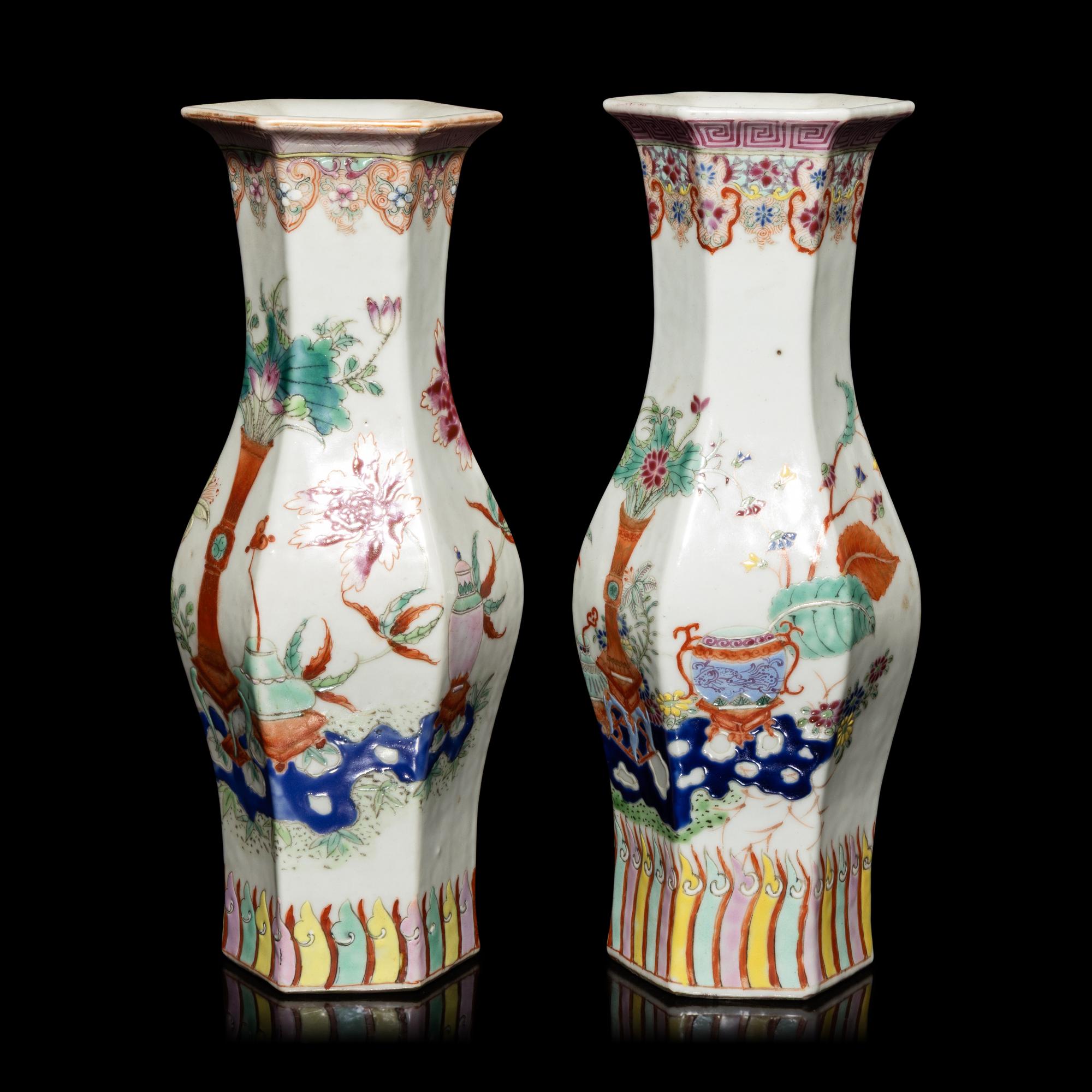 A Pair of Chinese Famille Rose Porcelain Hexagonal 'Bogu' Vases, 19th Century — 清晚期 粉彩博古圖六方瓶一對