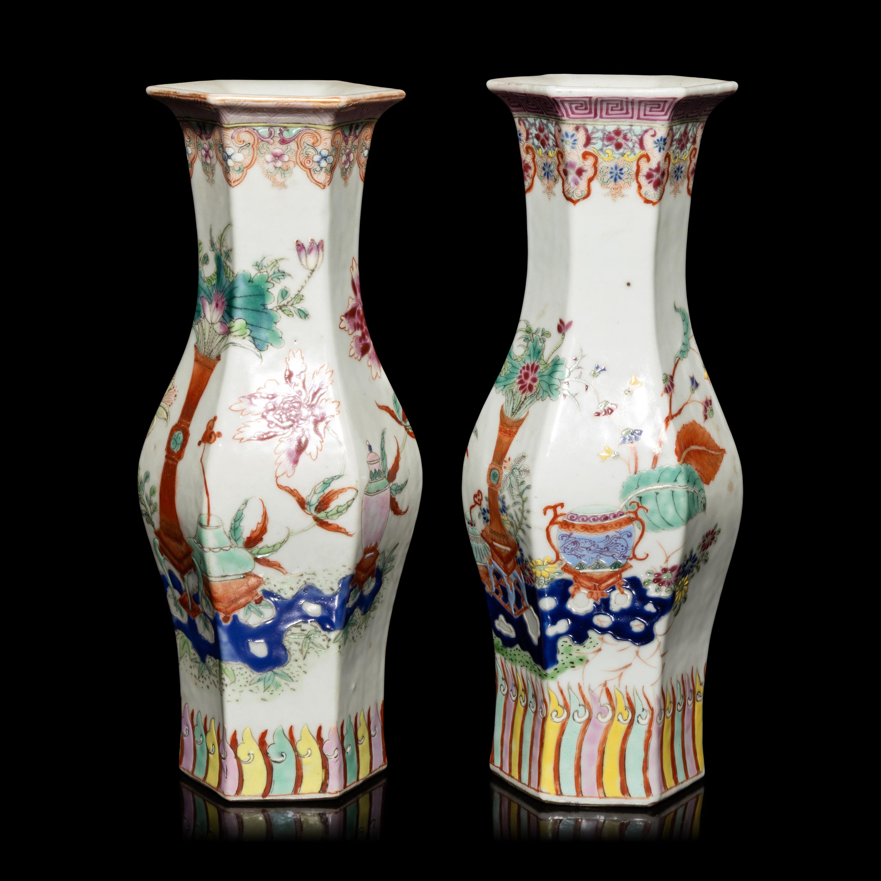 A Pair of Chinese Famille Rose Porcelain Hexagonal 'Bogu' Vases, 19th Century — 清晚期 粉彩博古圖六方瓶一對