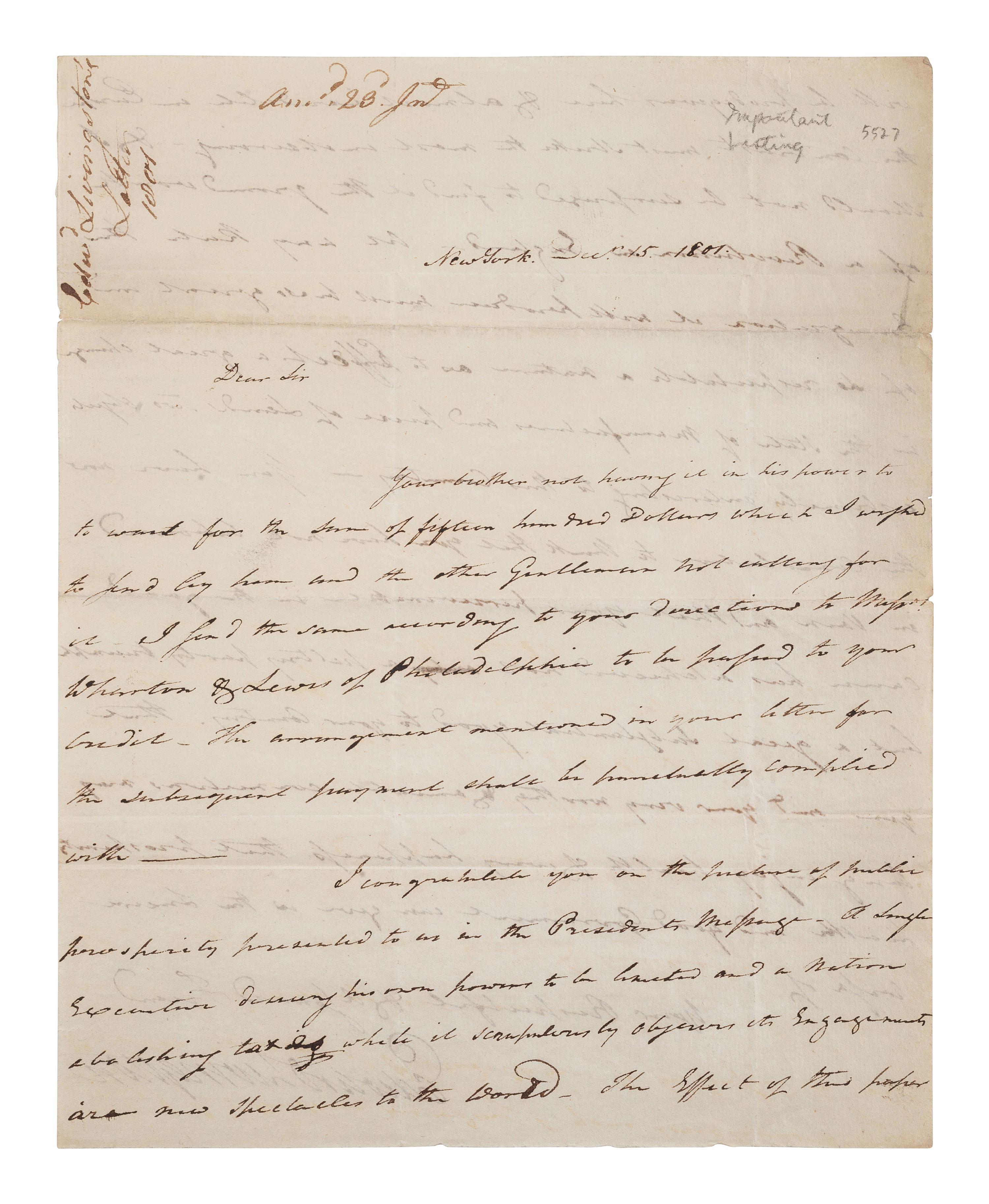 [POLITICS]. LIVINGSTON, Edward (1764-1836). ALS. New York, 15 December 1801.