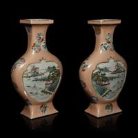 A Pair of Chinese Apricot Ground Famille Rose Porcelain 'Landscape' Vases, 20th Century — 近代 杏子地粉彩開光山水圖瓶一對