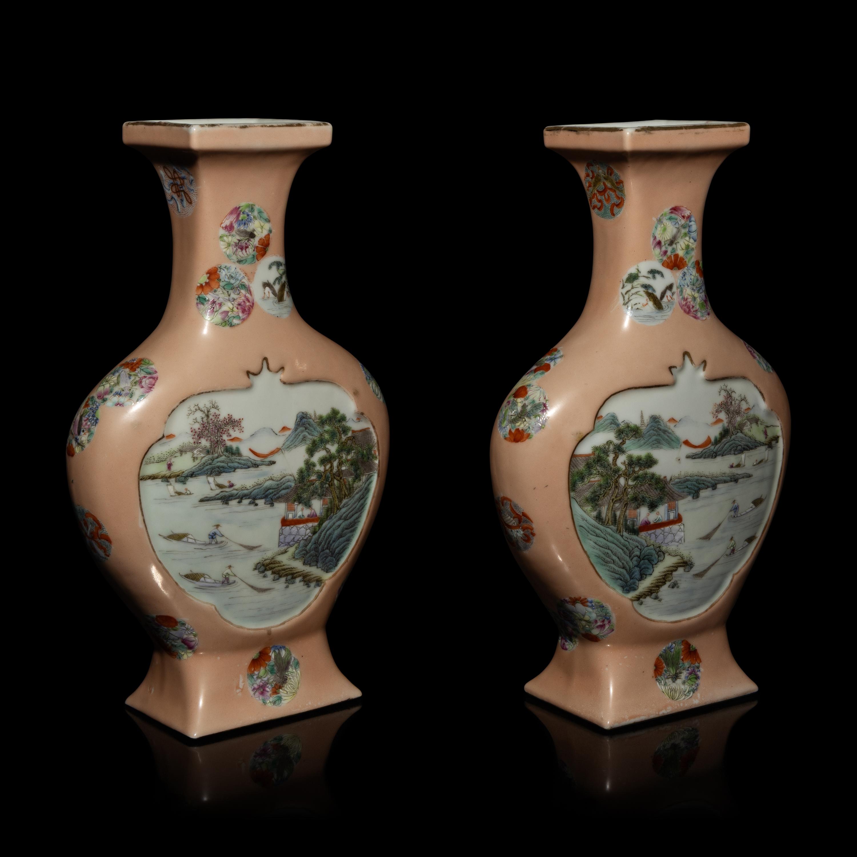 A Pair of Chinese Apricot Ground Famille Rose Porcelain 'Landscape' Vases, 20th Century — 近代 杏子地粉彩開光山水圖瓶一對
