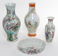 A Group of Four Famille Rose Porcelain Articles Height of tallest 13 1/2 inches.