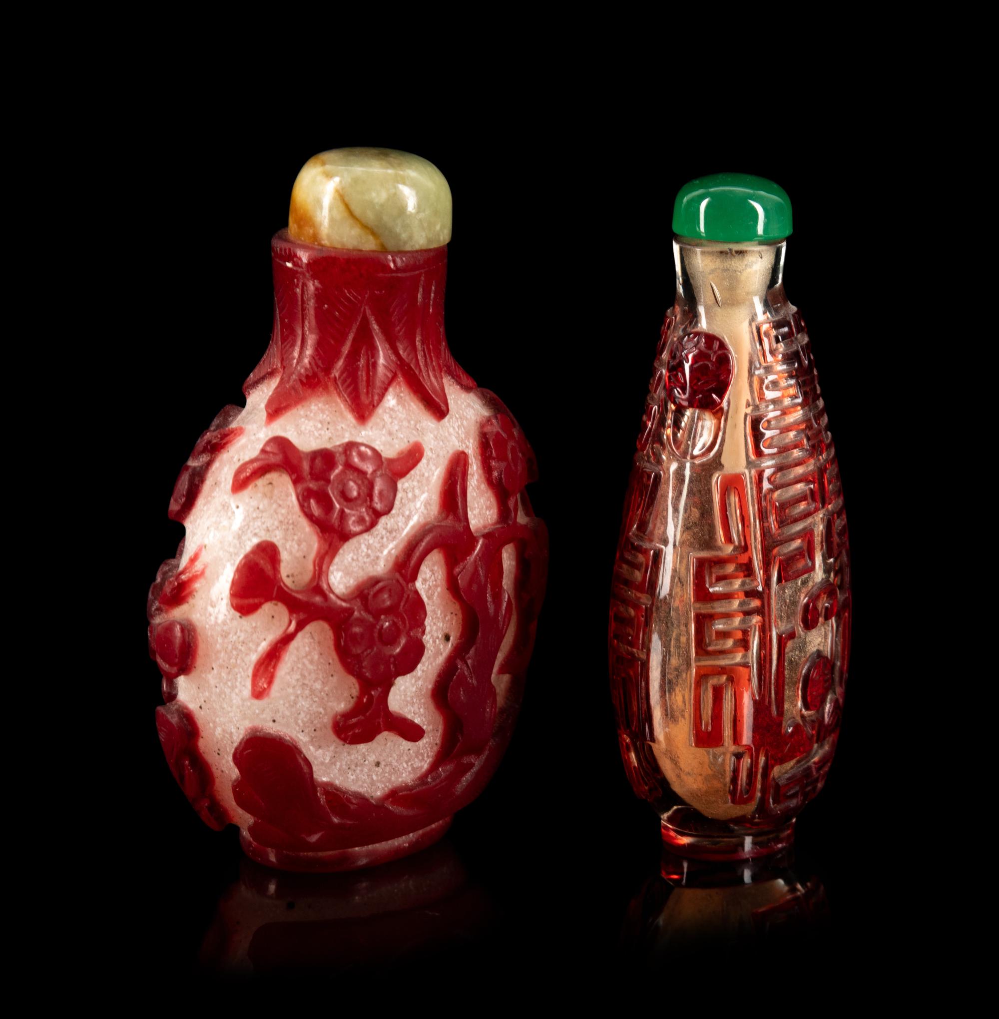 Two Chinese Red Overlay Peking Glass Snuff Bottles