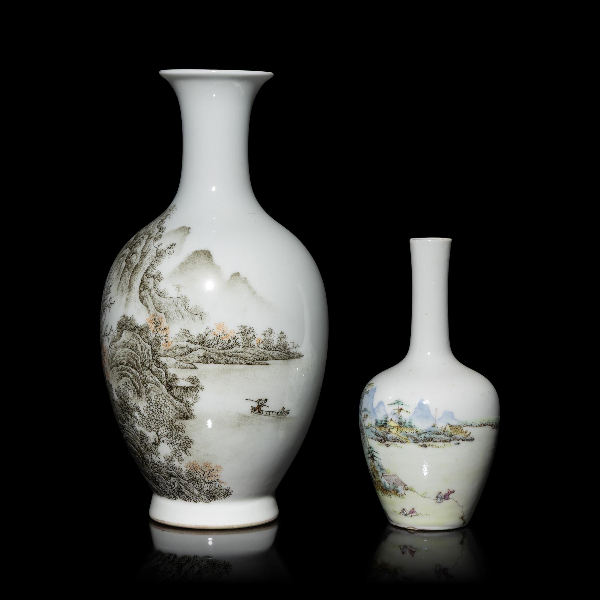 Two Chinese Qianjiang Enameled 'Landscape' Porcelain Vases, Late 19th-20th Century — 晚清-民國 淺绛彩山水瓶兩隻