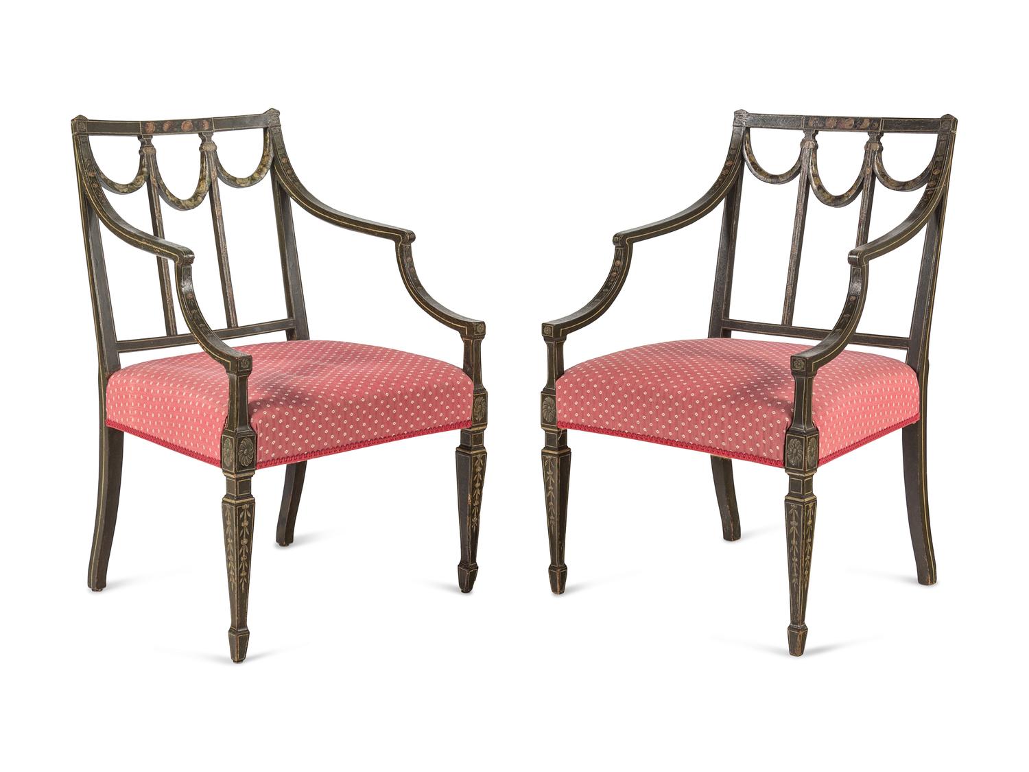 A Pair of George III Polychrome and Green-Painted Open Armchairs