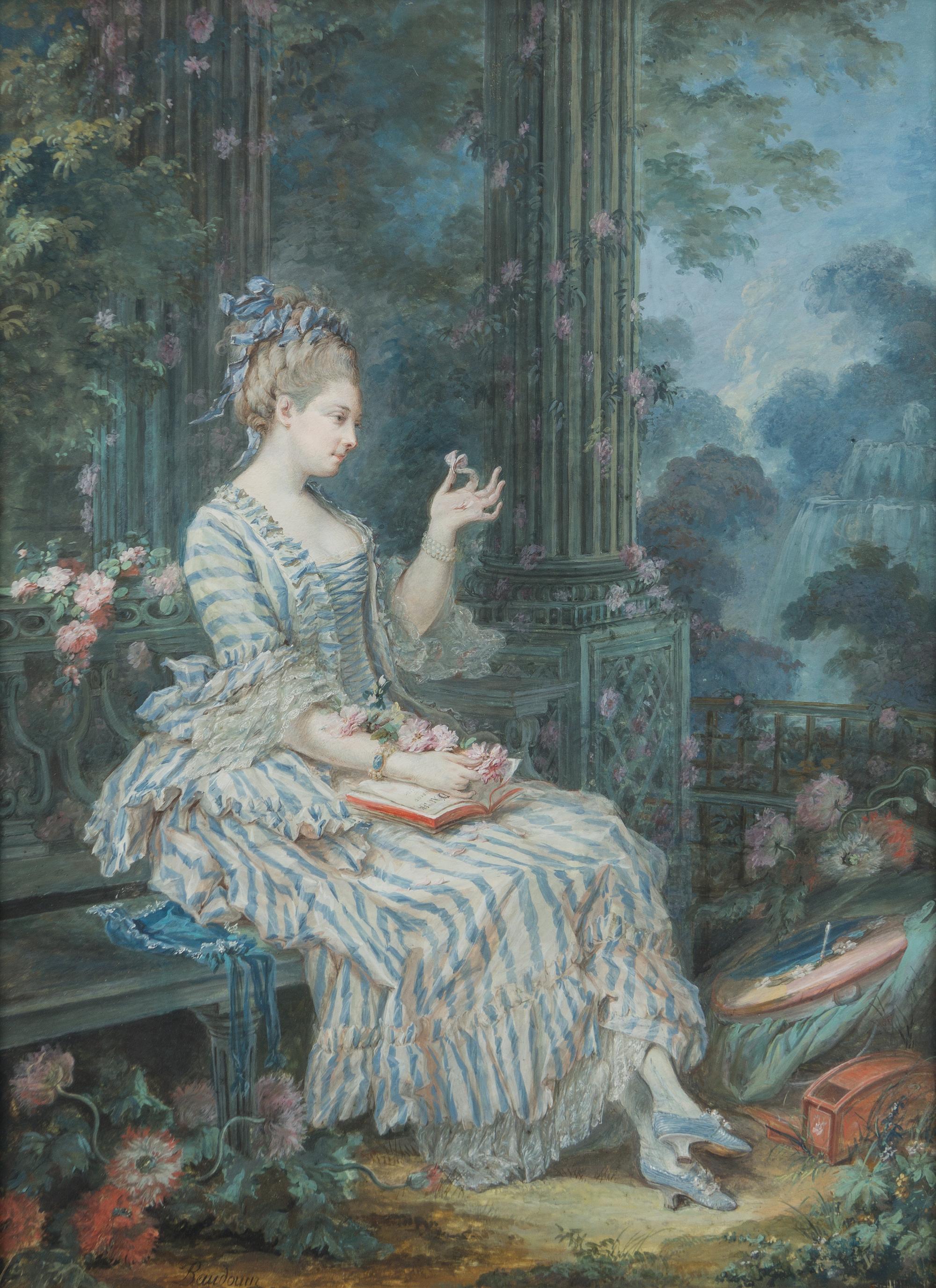 Pierre Antoine Baudouin, (French, 1723-1769), Jeune femme assise dans un parc