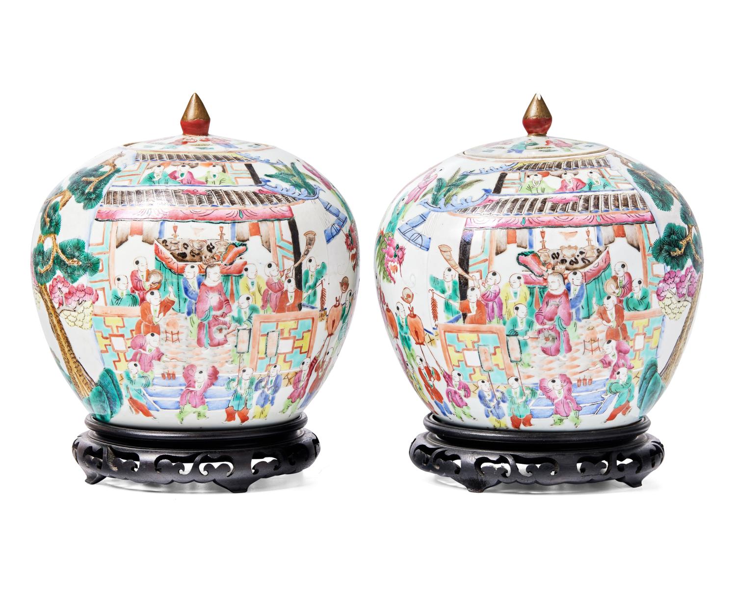 A Pair of Chinese Export Rose Mandarin Porcelain Covered Ginger Jars