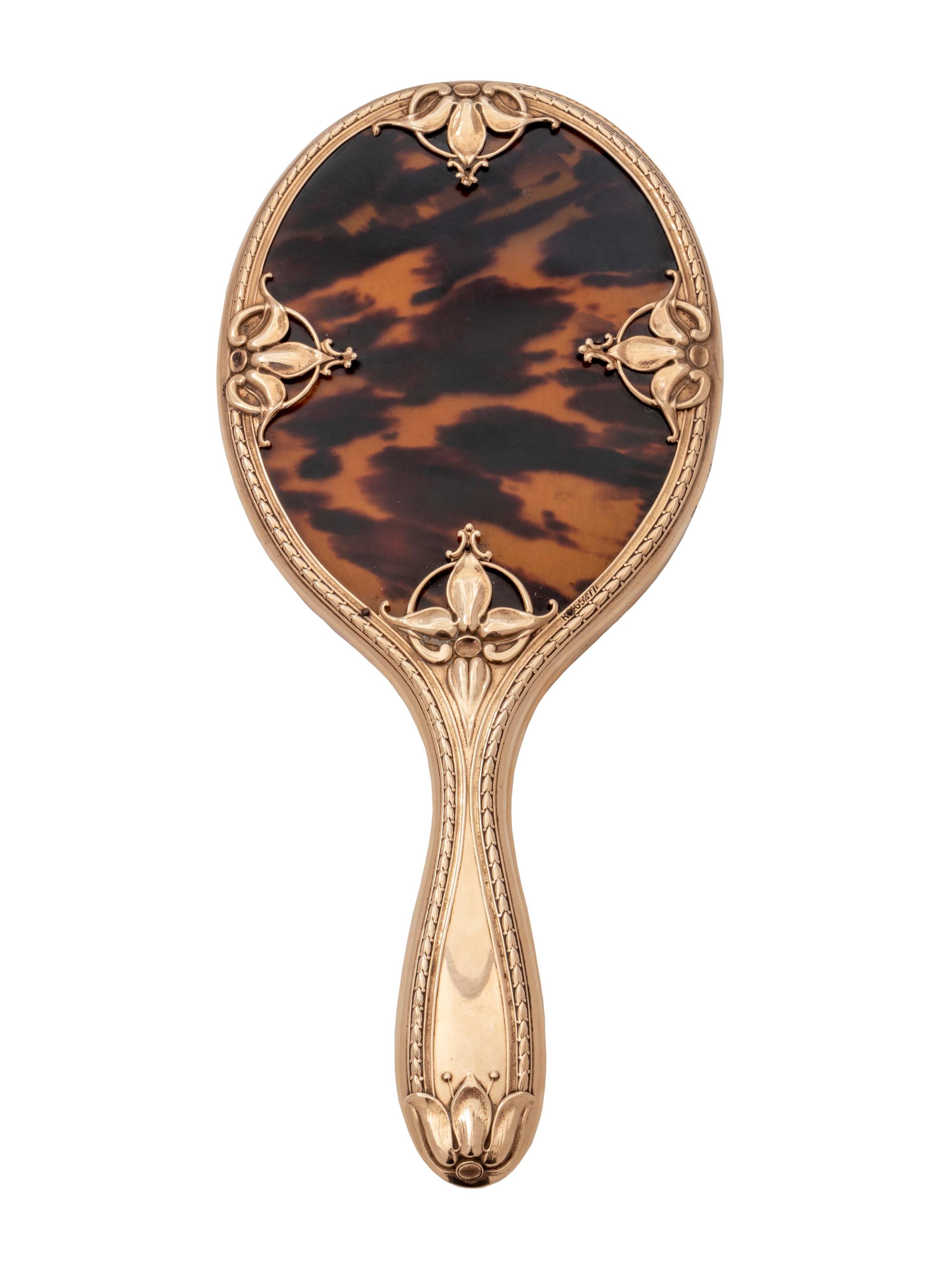An English Art Nouveau 9K Gold and Tortoise Mounted Hand Mirror — Charles Henry Dumenil, London, circa 1876