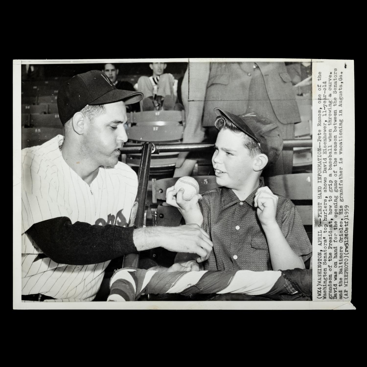 An Original April 9, 1959 Associated Press Wire Photo Featuring Washington Senators Pitcher Pete Ramos and David Eisenhower