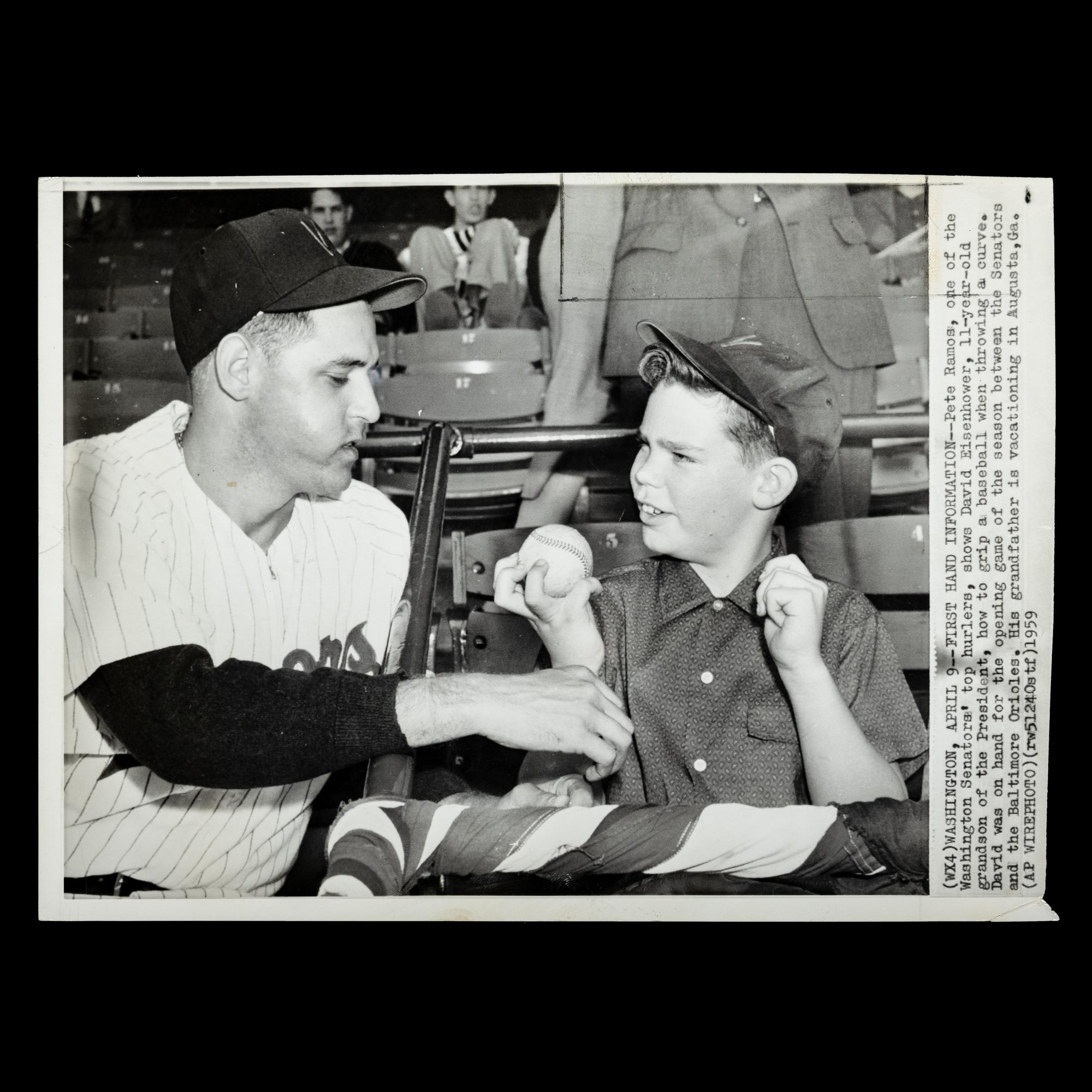 An Original April 9, 1959 Associated Press Wire Photo Featuring Washington Senators Pitcher Pete Ramos and David Eisenhower