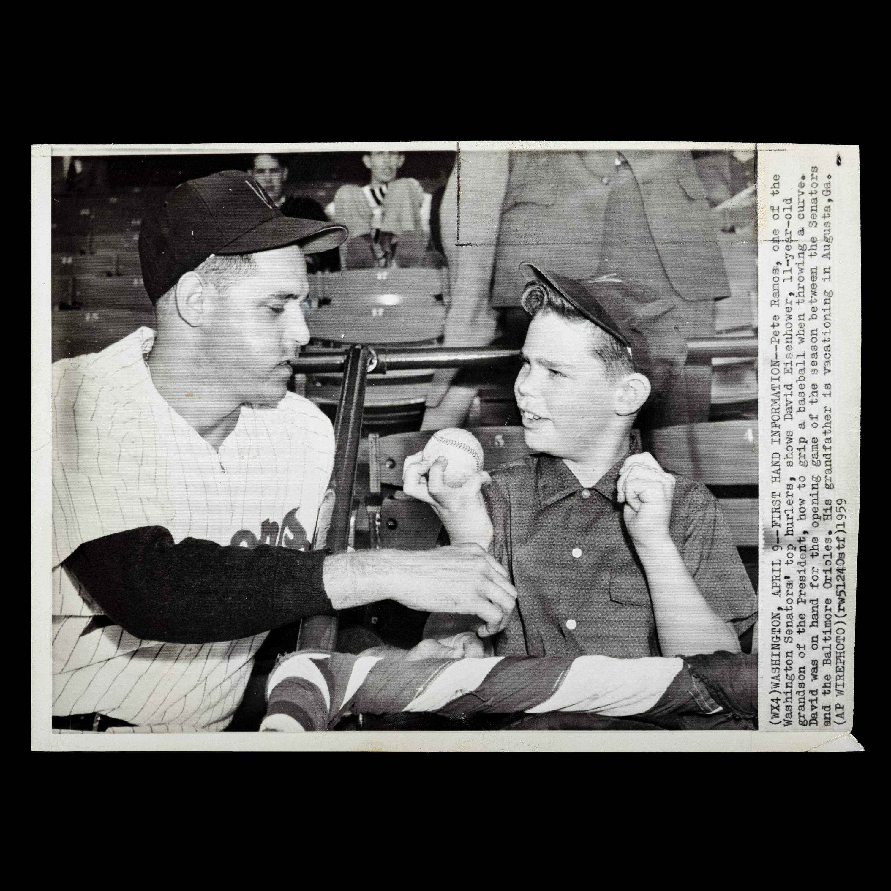 An Original April 9, 1959 Associated Press Wire Photo Featuring Washington Senators Pitcher Pete Ramos and David Eisenhower