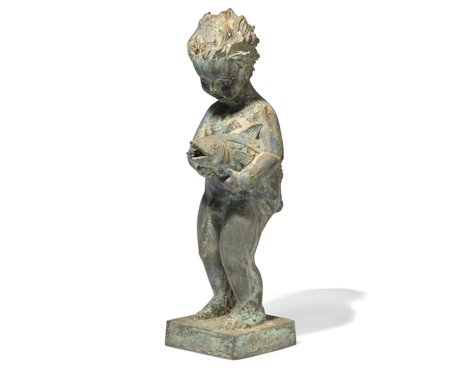 A cast zinc fountain head of a boy holding fish, 20th century