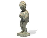 A cast zinc fountain head of a boy holding fish, 20th century
