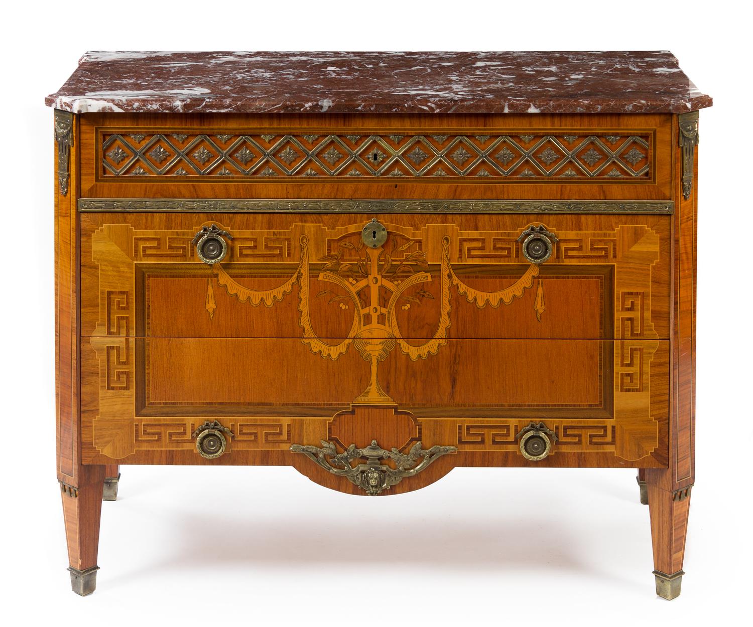 A Louis XVI Style Gilt Bronze Mounted Marquetry Commode Height 33 1/2 x width 43 x depth 19 1/2 inches. — 20TH CENTURY