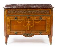A Louis XVI Style Gilt Bronze Mounted Marquetry Commode Height 33 1/2 x width 43 x depth 19 1/2 inches. — 20TH CENTURY