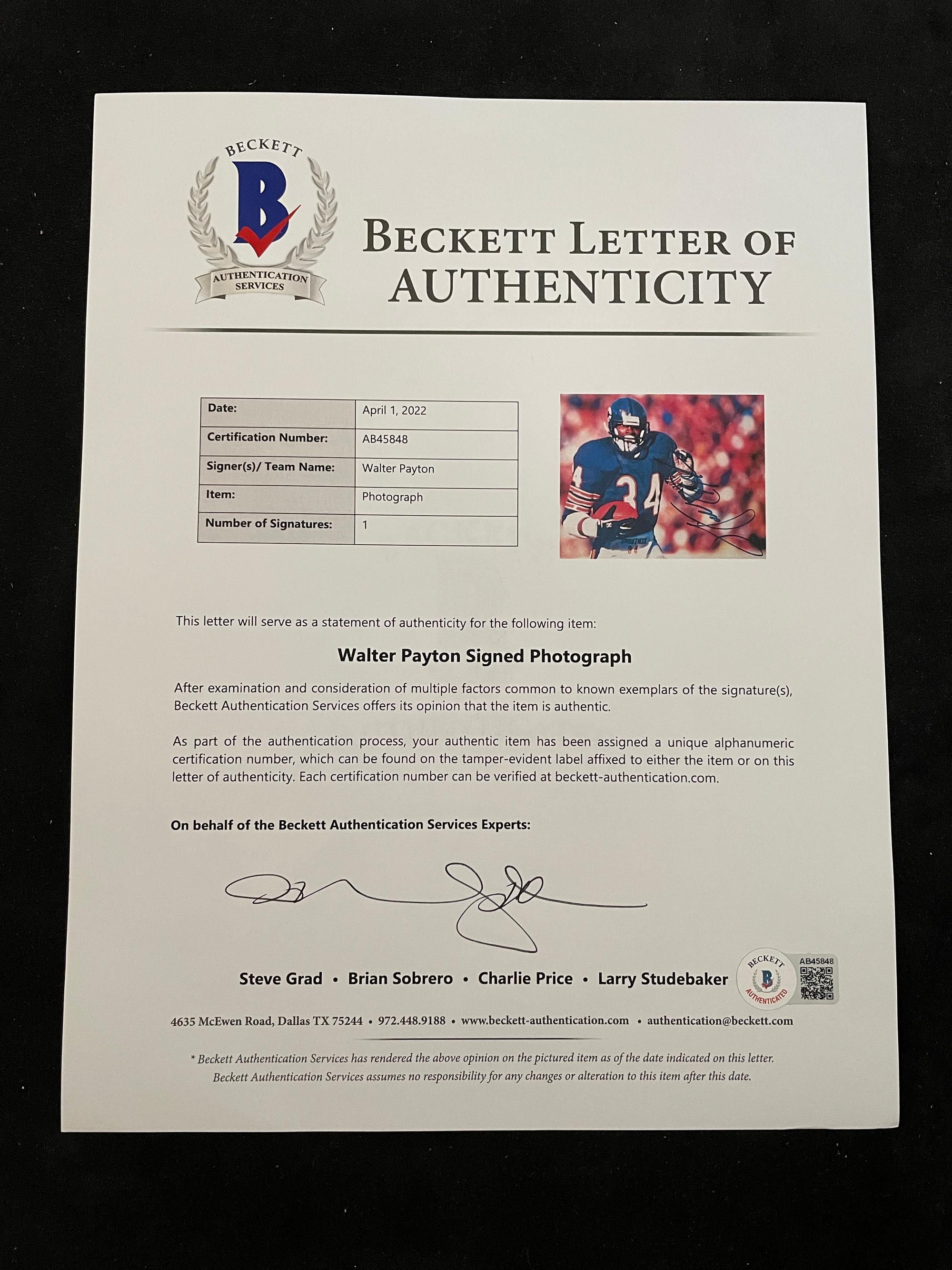 A Group of Walter Payton and Gale Sayers Signed Autograph Photos (Beckett Authentication Services Letters BAS Certified),
