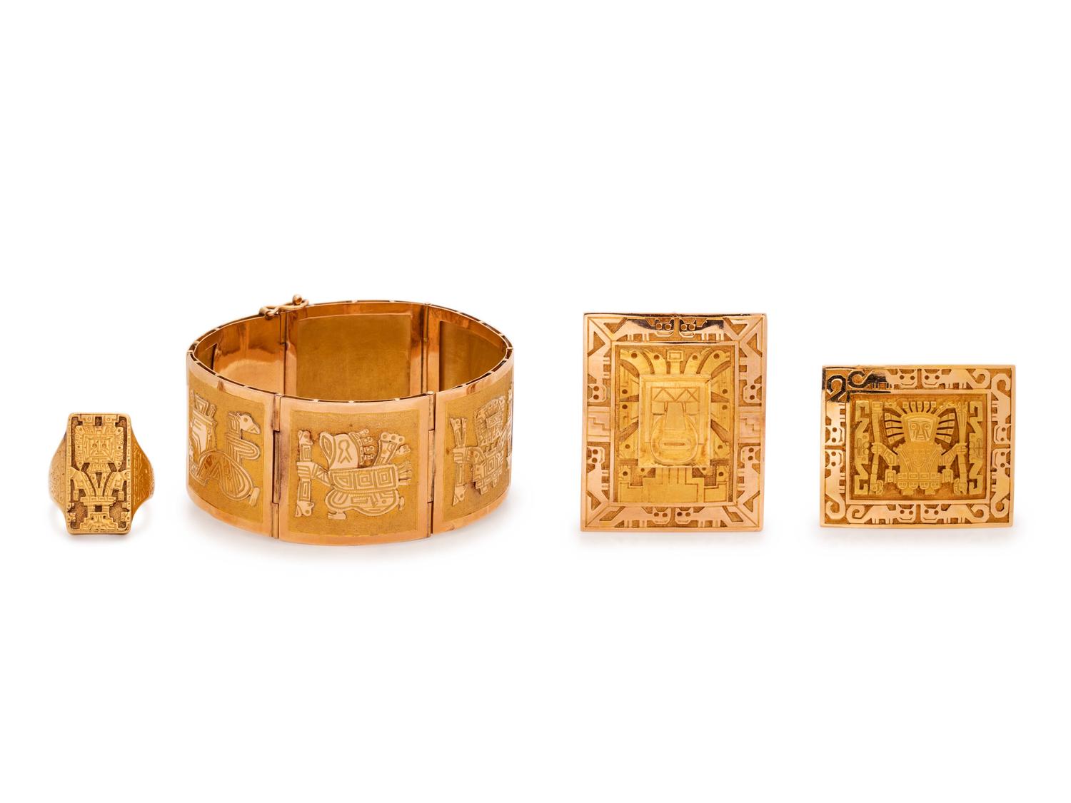 COLLECTION OF YELLOW GOLD PERUVIAN STYLE JEWELRY