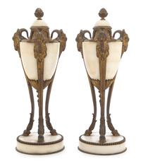 A Pair of Neoclassical Gilt Bronze Mounted Marble Urns Height 14 inches
