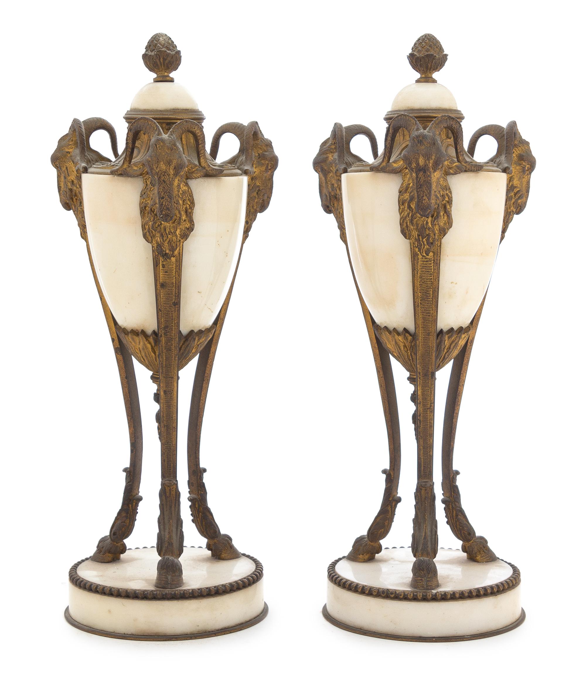 A Pair of Neoclassical Gilt Bronze Mounted Marble Urns Height 14 inches