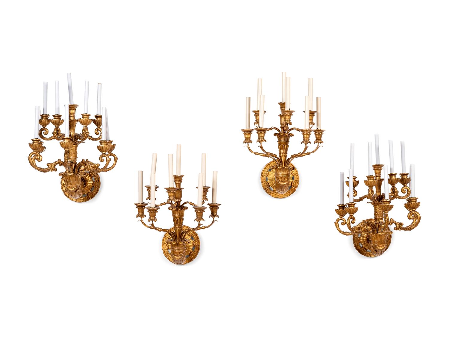 Two Similar Pairs of Neoclassical Style Giltwood Sconces