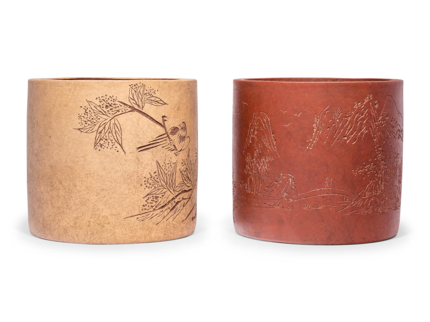 Two Chinese Zisha Yixing Pottery Brushpots, Bitong