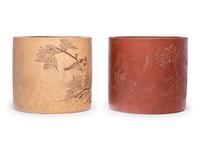 Two Chinese Zisha Yixing Pottery Brushpots, Bitong